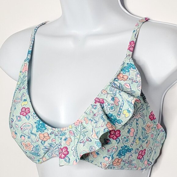 Vineyard Vines Bikini Top Sz M Aqua Pink Flamingo Palm Trees Hibiscus Tropical - Picture 2 of 3